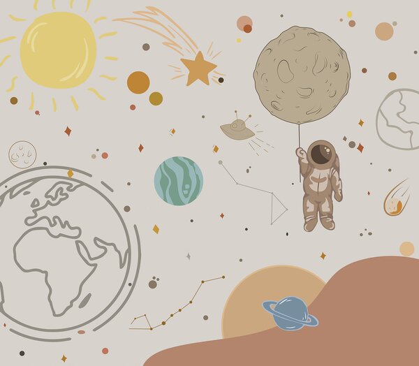 Fototapet Un desen animat cu un astronaut care ține o planetă în spațiu, Fototapet spațiu cosmic, Fototapet populare, w00743 - Tapeko.ro