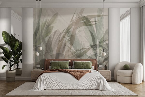 Tapet Multicompoziție abstractă de forme neclare de frunze tropicale asemănătoare ierbii în nuanțe de verde, Fototapet Acuarelă, w00798 : Uwalls.ro
