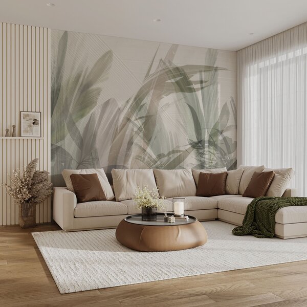Tapet Multicompoziție abstractă de forme neclare de frunze tropicale asemănătoare ierbii în nuanțe de verde, Fototapet Acuarelă, w00798 : Uwalls.ro
