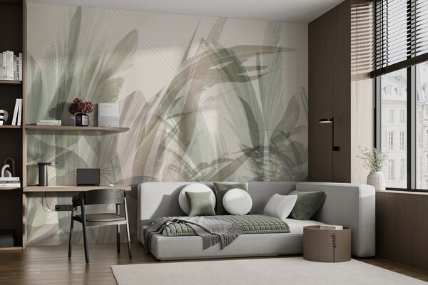 Tapet Multicompoziție abstractă de forme neclare de frunze tropicale asemănătoare ierbii în nuanțe de verde, Fototapet Acuarelă, w00798 : Uwalls.ro
