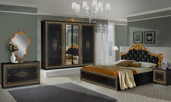 Set dormitor ANETTE, negru/auriu, pat 160x200 cm cu somiera fixa, dula