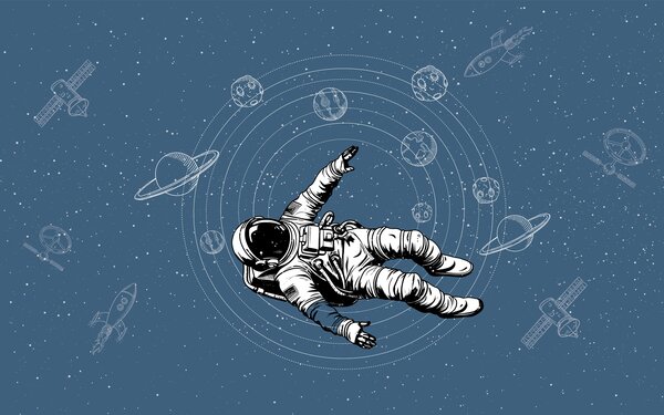 Tapet Astronaut și planete pe fundal albastru, Fototapet Spaţiu, w00712v3 : Uwalls.ro