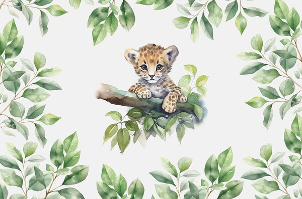 Fototapet O acuarelă a unui pui de leopard pe o ramură de copac, Fototapet animale, Fototapet populare, w00889 - Tapeko.ro