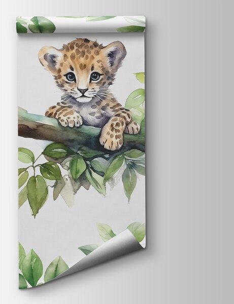 Fototapet O acuarelă a unui pui de leopard pe o ramură de copac, Fototapet animale, Fototapet populare, w00889 - Tapeko.ro