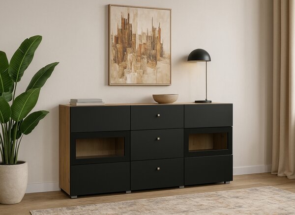 Comodă Baros 26 132 cm - stejar artizanal / negru mat