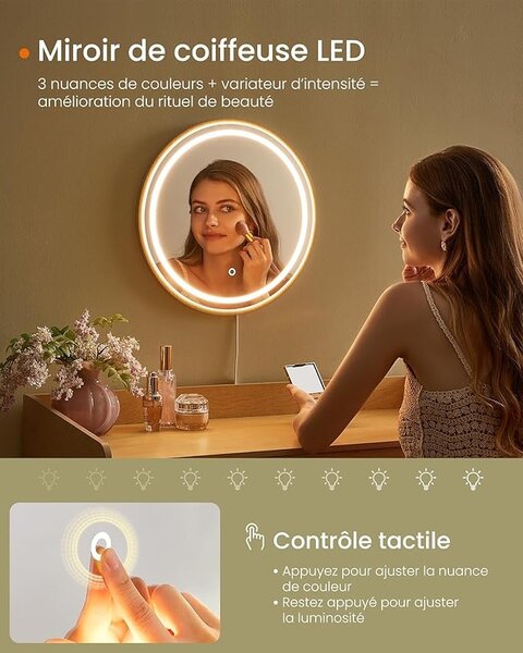 Masa de toaleta cu oglinda iluminata Songmics Bej 90x43x82 cm