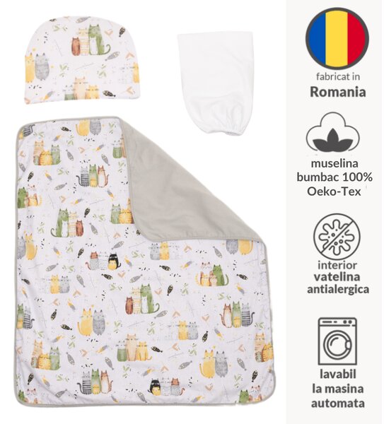 Set lenjerie landou si carucior bebe Kidizi Wiskers – paturica 90x75 cm, cearceaf cu elastic si pernuta, bumbac 100% Oeko-Tex