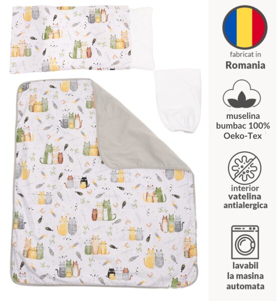 Lenjerie patut bebe co-sleeper lipit de patul parintilor 120x60 cm Kidizi Wiskers, include aparatori matlasate pe toate lateralele, perna cu husa detasabila, paturica si cearceaf cu elastic