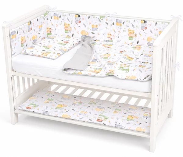 Lenjerie patut bebe co-sleeper lipit de patul parintilor 120x60 cm Kidizi Wiskers, include aparatori matlasate pe toate lateralele, perna cu husa detasabila, paturica si cearceaf cu elastic