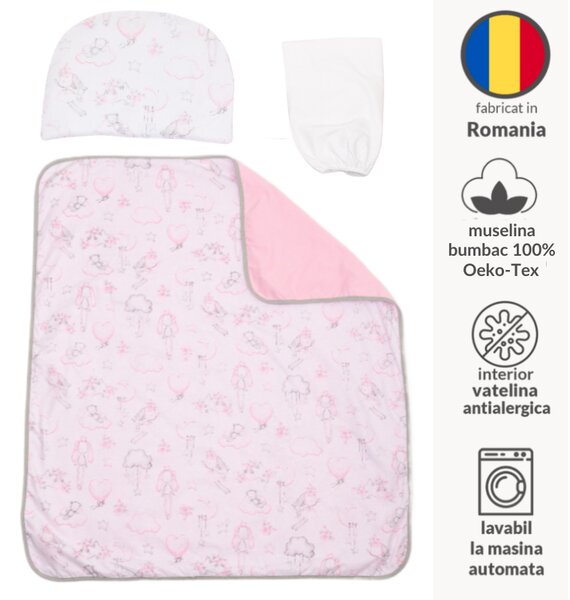 Set lenjerie landou si carucior bebe Kidizi Fairy Clouds – paturica 90x75 cm, cearceaf cu elastic si pernuta, bumbac 100% Oeko-Tex