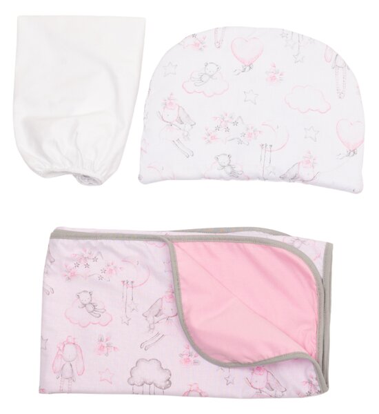 Set lenjerie landou si carucior bebe Kidizi Fairy Clouds – paturica 90x75 cm, cearceaf cu elastic si pernuta, bumbac 100% Oeko-Tex