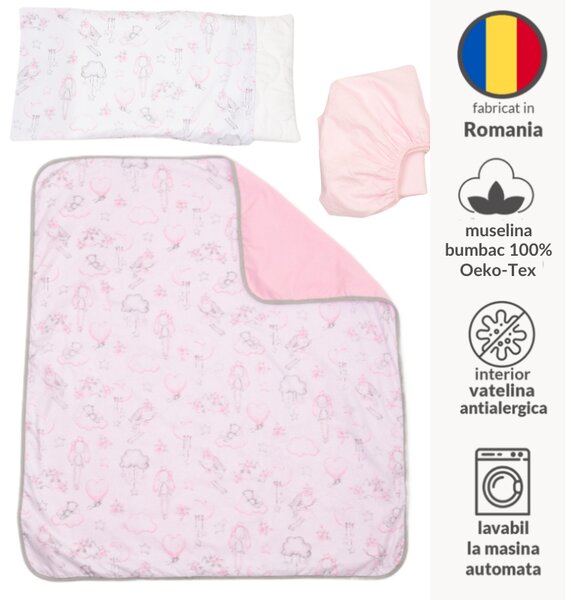 Lenjerie patut bebe co-sleeper lipit de patul parintilor 120x60 cm Kidizi Fairy Clouds, include aparatori matlasate pe toate lateralele, perna cu husa detasabila, paturica si cearceaf cu elastic