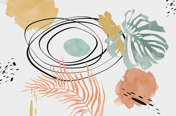 Tapet Boho abstracție, monstera și frunze de palmier, linii curbe, spot, geometric, topografic, albastru,, Fototapet Modern, w01256 : Uwalls.ro