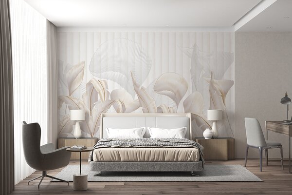 Tapet O vedere de aproape de frunze tropicale pe un fundal alb, cu fundal texturat, Fototapet Natură, Fototapet Frunze, w01237 : Uwalls.ro