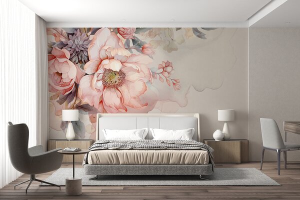 Tapet Peonii roz acuarelă cu petale delicate, înconjurate de verdeață luxuriantă pastel și alte flori, Fototapet Acuarelă, w01245 : Uwalls.ro