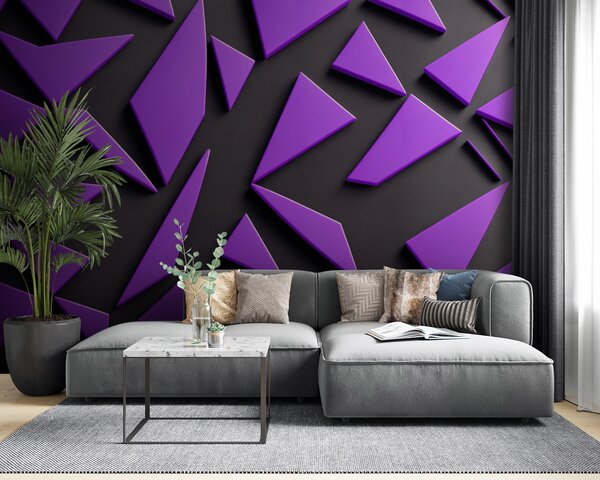 Fototapet Triunghiuri violet pe o suprafață neagră, Fototapet geometric 3D, Fototapet populare, u94590 - Tapeko.ro