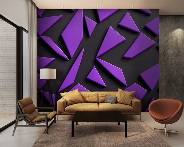 Fototapet Triunghiuri violet pe o suprafață neagră, Fototapet geometric 3D, Fototapet populare, u94590 - Tapeko.ro