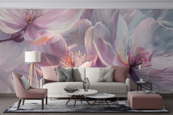 Tapet Delicate transparente pastel neon lumina roz și flori albe cu fundal moale, neclare, Fototapet Flori, w01307 : Uwalls.ro