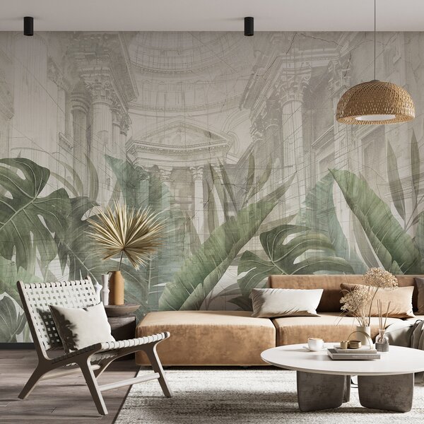 Tapet Un desen grandios cu coloane arhitecturale ornamentate din marmură și plante verzi tropicale luxuriante, Fototapet Natură, w01311 : Uwalls.ro