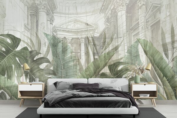 Tapet Un desen grandios cu coloane arhitecturale ornamentate din marmură și plante verzi tropicale luxuriante, Fototapet Natură, w01311 : Uwalls.ro
