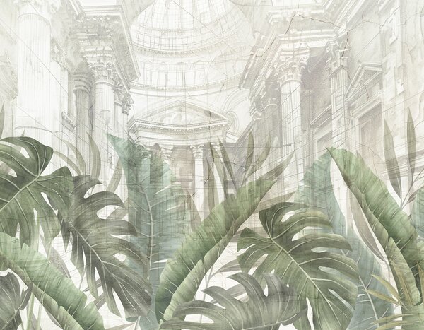 Tapet Un desen grandios cu coloane arhitecturale ornamentate din marmură și plante verzi tropicale luxuriante, Fototapet Natură, w01311 : Uwalls.ro