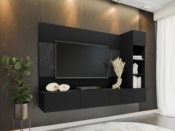 Set de living Comfivo Salix II, Marmură neagră, Negru, PAL laminat, 150x220x38cm, 77.5 kg