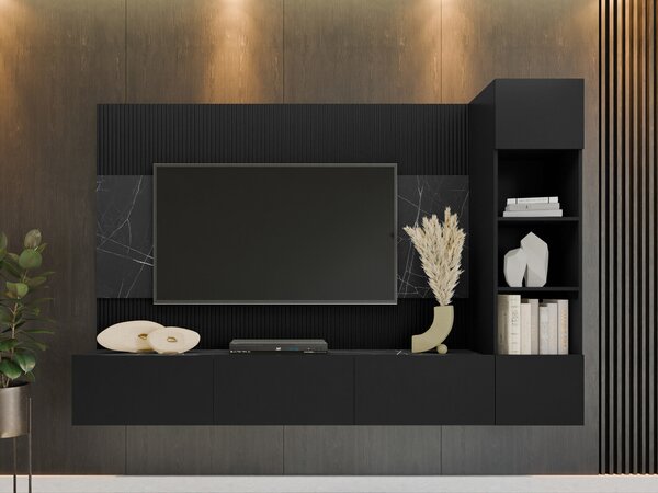 Set de living Comfivo Salix II, Marmură neagră, Negru, PAL laminat, 150x220x38cm, 77.5 kg
