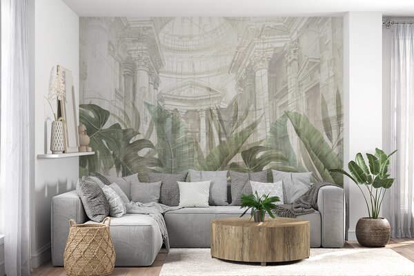 Tapet Un desen grandios cu coloane arhitecturale ornamentate din marmură și plante verzi tropicale luxuriante, Fototapet Natură, w01311 : Uwalls.ro