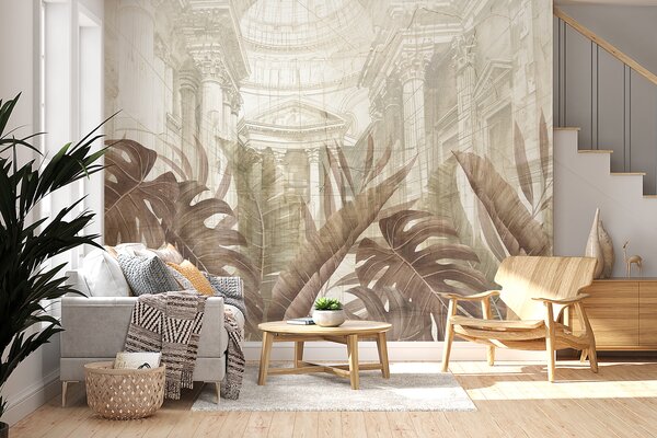 Tapet Un desen grandios cu coloane arhitecturale ornamentate din marmură și plante tropicale luxuriante din, Fototapet Natură, w01311v1 : Uwalls.ro