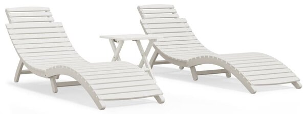 Șezlonguri de plajă cu masă, 2 buc, alb, lemn masiv de acacia
