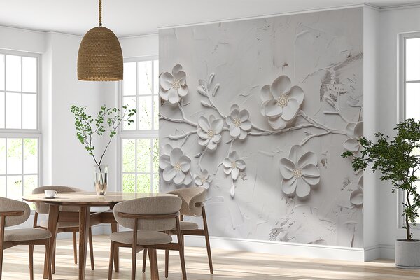 Tapet Fundal alb texturat cu flori albe 3D în plină înflorire, conectate prin ramuri,, Fototapet 3D, Fototapet 3D Flori, w01226 : Uwalls.ro