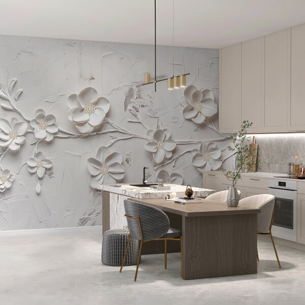 Tapet Fundal alb texturat cu flori albe 3D în plină înflorire, conectate prin ramuri,, Fototapet 3D, Fototapet 3D Flori, w01226 : Uwalls.ro