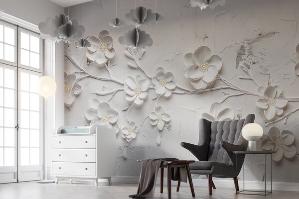 Tapet Fundal alb texturat cu flori albe 3D în plină înflorire, conectate prin ramuri,, Fototapet 3D, Fototapet 3D Flori, w01226 : Uwalls.ro