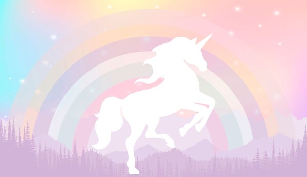 Fototapet Un unicorn cu un curcubeu și munți, Fototapet unicorni, Fototapet populare, w07912 - Tapeko.ro