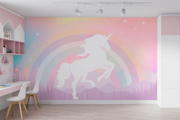Fototapet Un unicorn cu un curcubeu și munți, Fototapet unicorni, Fototapet populare, w07912 - Tapeko.ro