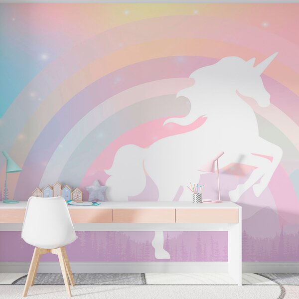Fototapet Un unicorn cu un curcubeu și munți, Fototapet unicorni, Fototapet populare, w07912 - Tapeko.ro