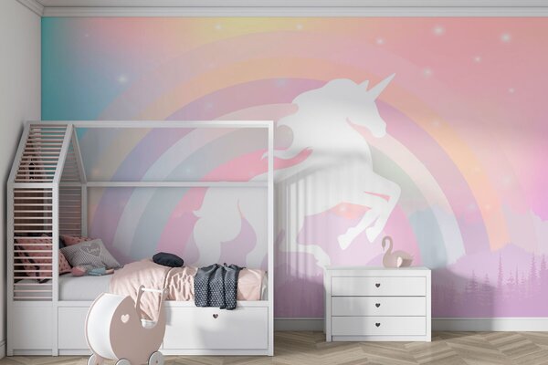 Fototapet Un unicorn cu un curcubeu și munți, Fototapet unicorni, Fototapet populare, w07912 - Tapeko.ro