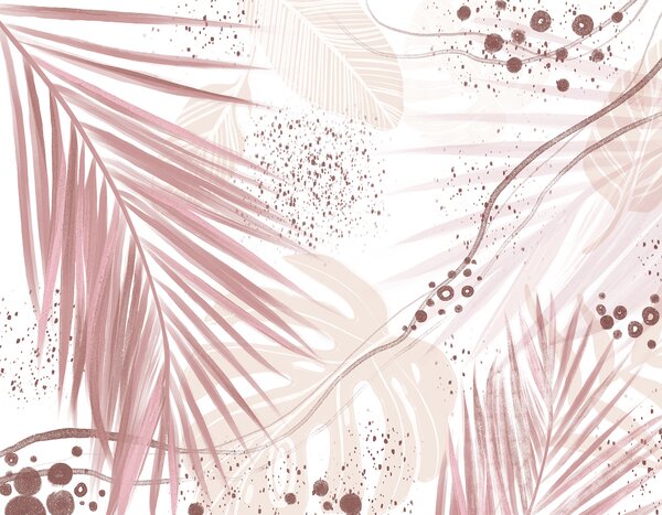 Tapet Frunze și frunze de palmier roz tropical, cu forme abstracte și stropi în nuanțe de, Fototapet pădure, Fototapet Tropics, w07918v1 : Uwalls.ro