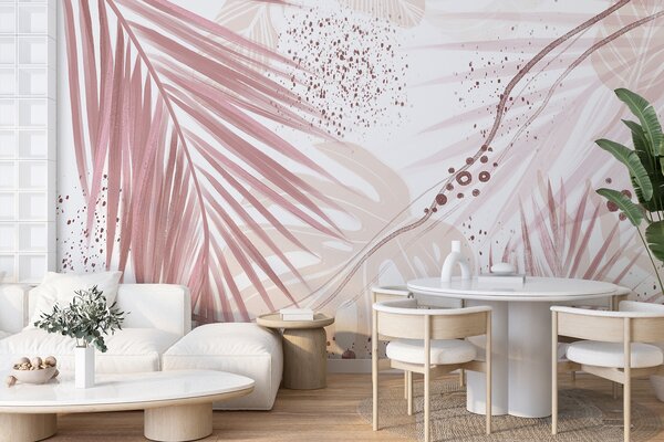 Tapet Frunze și frunze de palmier roz tropical, cu forme abstracte și stropi în nuanțe de, Fototapet pădure, Fototapet Tropics, w07918v1 : Uwalls.ro
