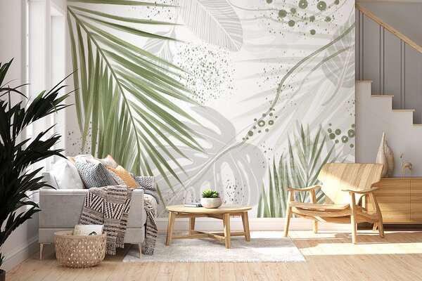 Tapet Frunze și frunze de palmier de un verde tropical, cu forme abstracte și stropi în, Fototapet pădure, Fototapet Tropics, w07918 : Uwalls.ro
