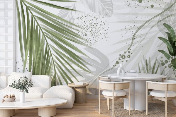Tapet Frunze și frunze de palmier de un verde tropical, cu forme abstracte și stropi în, Fototapet pădure, Fototapet Tropics, w07918 : Uwalls.ro