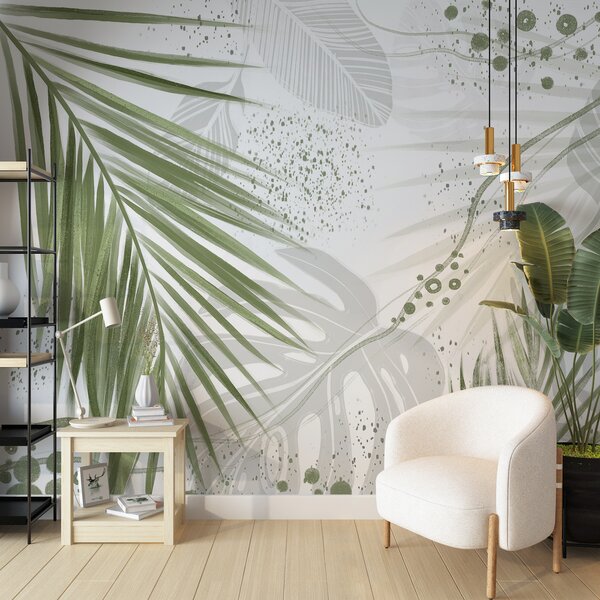 Tapet Frunze și frunze de palmier de un verde tropical, cu forme abstracte și stropi în, Fototapet pădure, Fototapet Tropics, w07918 : Uwalls.ro
