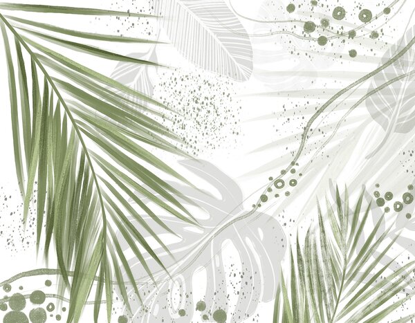 Tapet Frunze și frunze de palmier de un verde tropical, cu forme abstracte și stropi în, Fototapet pădure, Fototapet Tropics, w07918 : Uwalls.ro