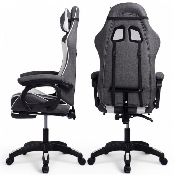 JAKS Scaun de gaming cu masaj LevelUp gri și alb cu suport pentru picioare