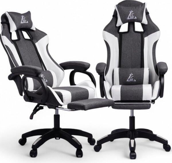 JAKS Scaun de gaming cu masaj LevelUp gri și alb cu suport pentru picioare