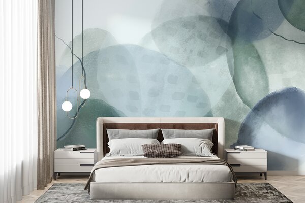 Tapet Forme abstracte moi, în acuarelă, în nuanțe de albastru, verde și alb, Fototapet Acuarelă, w07926 : Uwalls.ro