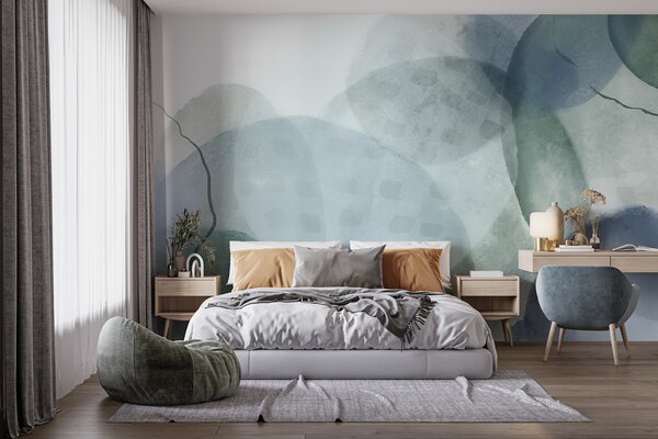 Tapet Forme abstracte moi, în acuarelă, în nuanțe de albastru, verde și alb, Fototapet Acuarelă, w07926 : Uwalls.ro