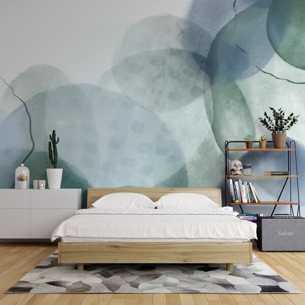 Tapet Forme abstracte moi, în acuarelă, în nuanțe de albastru, verde și alb, Fototapet Acuarelă, w07926 : Uwalls.ro