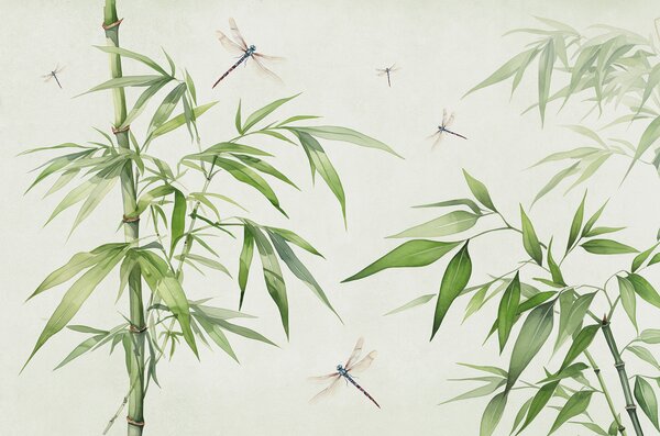 Tapet Bamboo grove, libelule care zboară acuarelă, culoare verde, Fototapet de inspirație asiatică, w07962 : Uwalls.ro