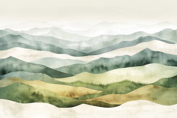 Tapet Watercolor munți peisaje, pădure, culori naturale verde și bej, Fototapet Acuarelă, w07950 : Uwalls.ro